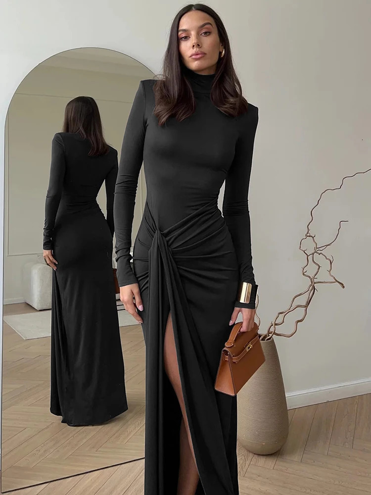 Mozision Turtleneck Thigh High Split Sexy Maxi Dress For Women Fashion Long Sleeve Draped Bandage Bodycon Club Long Dress 241209