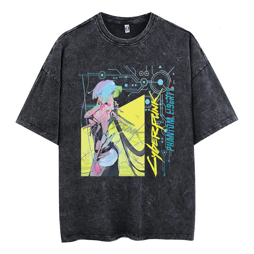 Y2k style mens wash T-shirt cyberpunk Edgerunners printed retro Harajuku style top fashionable hip-hop fashion streetwear unisex 241205