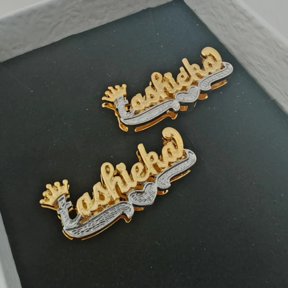 LeeChee Crown Double Layer Custom Name Earstuds Two Tone 3D Nameplate Earrings Jewelry For Women Men Gift 241209