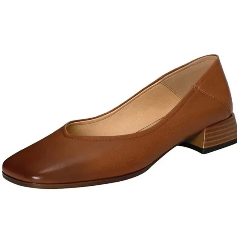 Shallow Women Low Heels Shoes Trend Elegant Square Toe Pumps Chunky Leather Mature Office Dress Zapatillas Mujer 241209