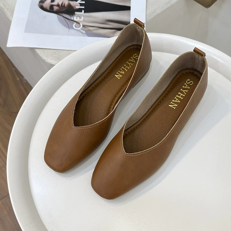 Meotina Women Genuine Leather Shoes Square Toe Flats Shollow Ladies Fashion Concise Career Shoes Spring Autumn Apricot 40 241209