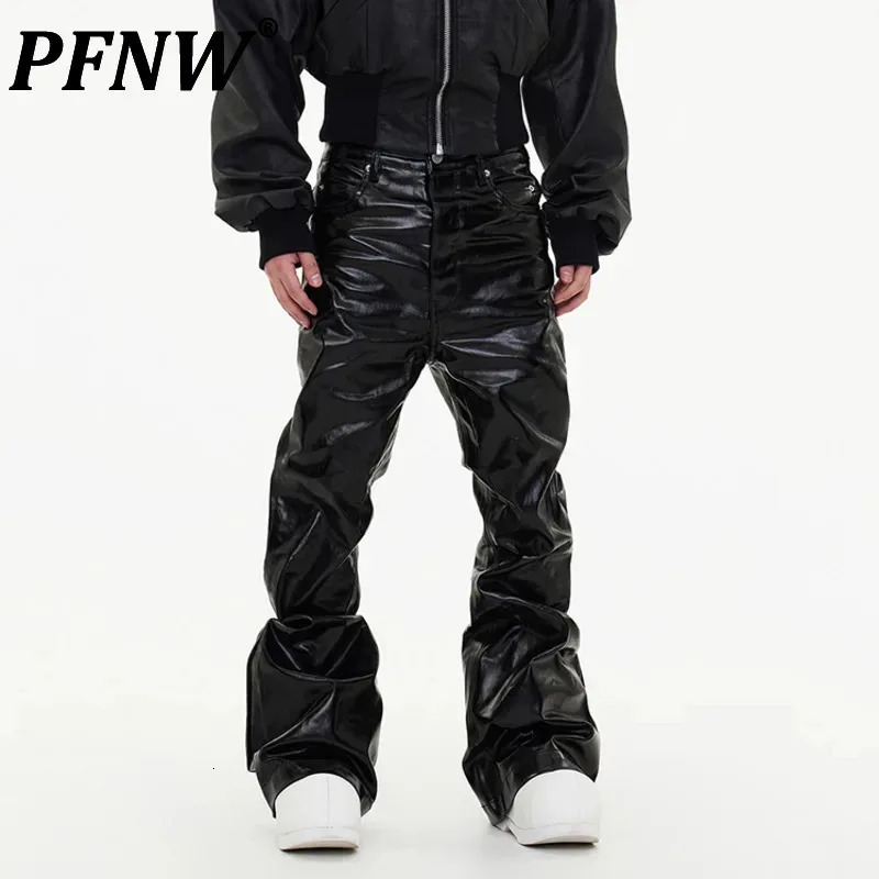 PFNW Autumn Mens Jeans Loose Wide Leg Coating Glossy Patent Leather Straight Male Denim Pants Niche Style 12C509 241206