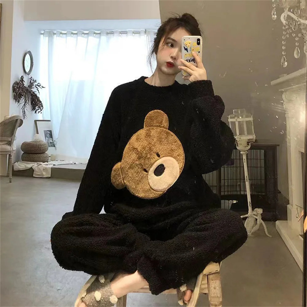Autumn Winter Pijamas Kawaii Pajama Set for Women Cartoon Sweet Bear Flannel Pajamas Womens Pajamas Inkless Night Set Soft Home Clothing 241202