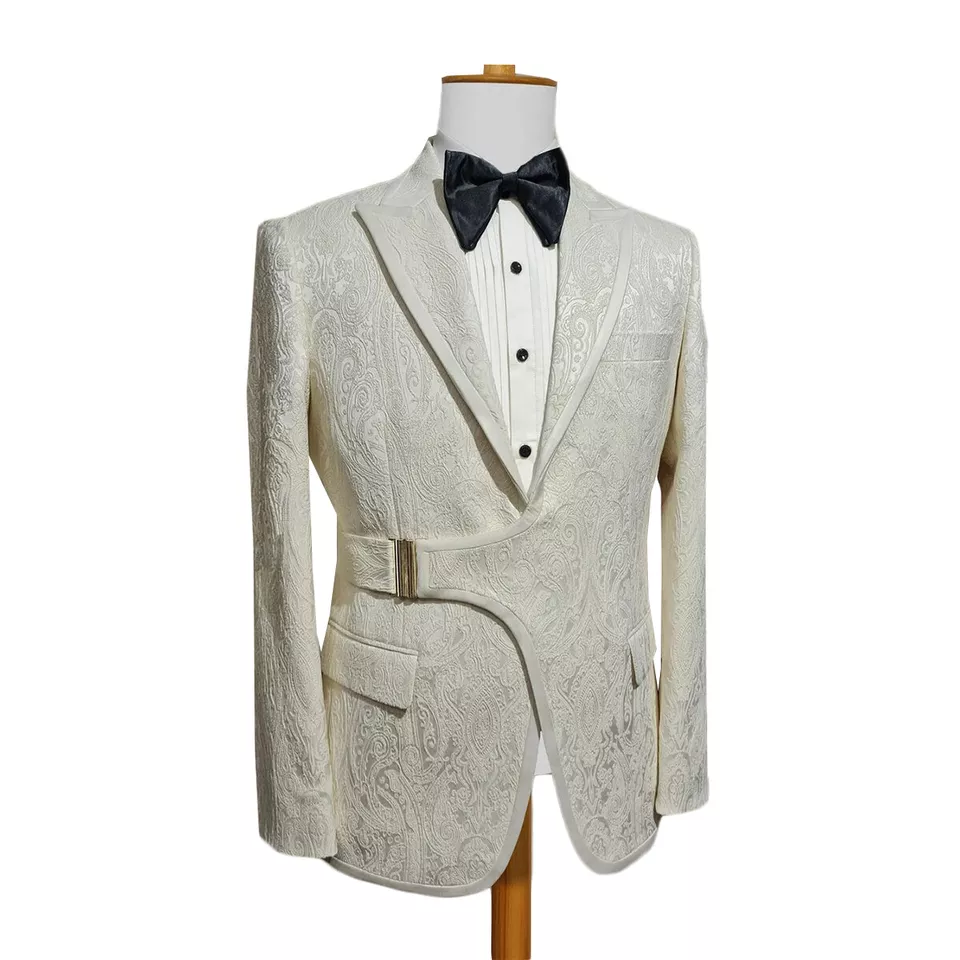 Elegant Men Suits Jacquard Cotton One Pieces Set Jacket Peaked Lapel Wedding Tuxedos Irregular Sash Business Groom Wear Customized
