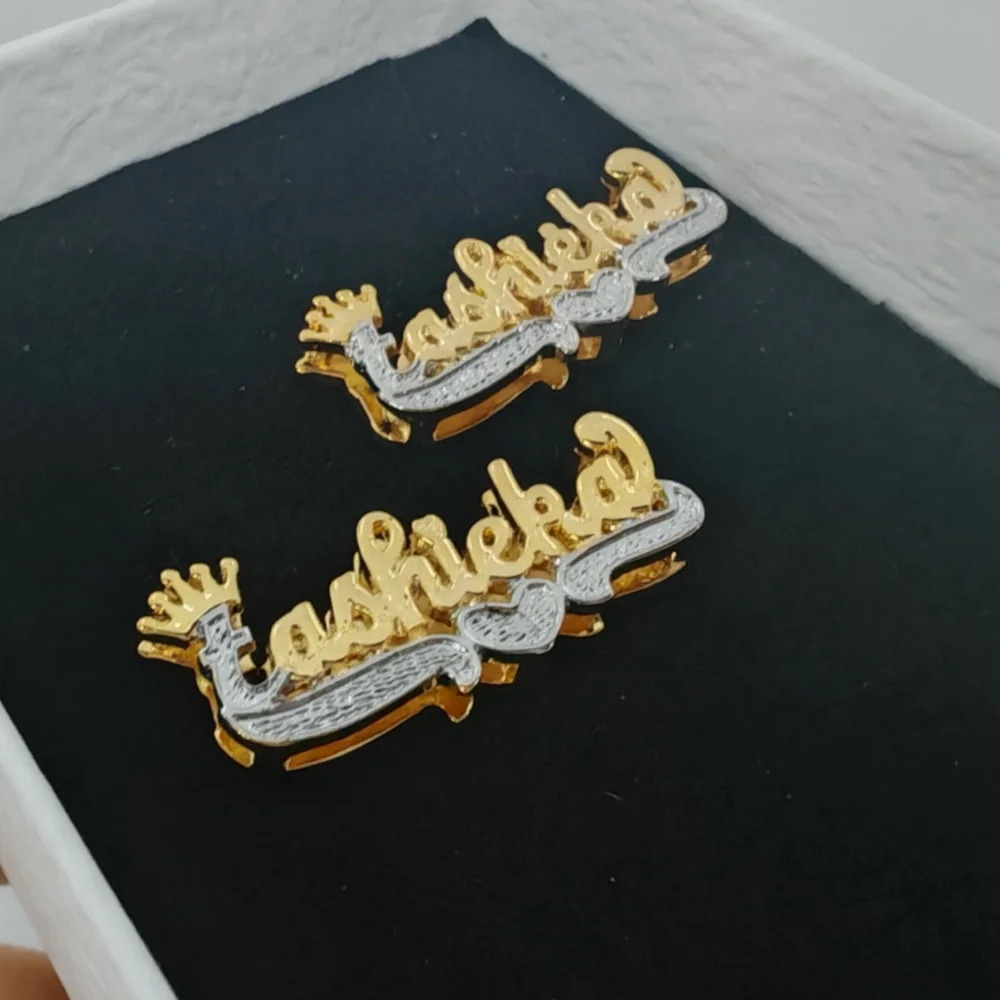 LeeChee Crown Double Layer Custom Name Earstuds Two Tone 3D Nameplate Earrings Jewelry For Women Men Gift 241209