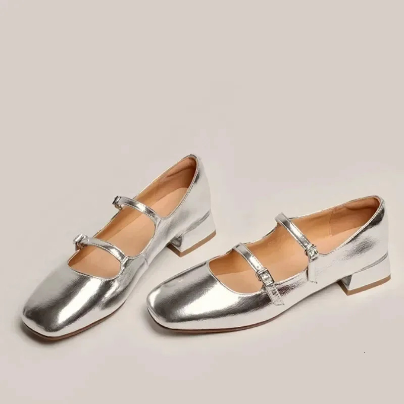 Maogu Spring French Retro Shallow Mouth Thick Heel Dress Shoes Fashion Silver Square Head Mary Jane Ballet Shoe Low Heels 241209