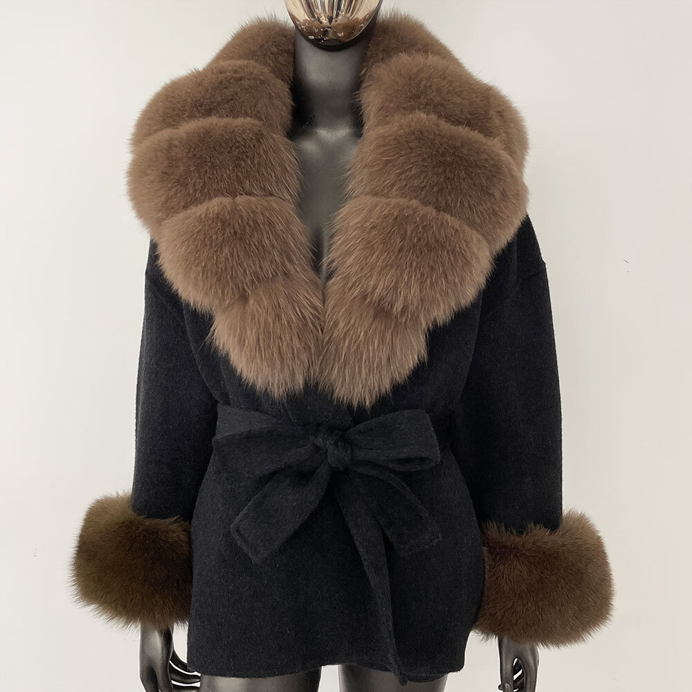 Belt Pocket Winter Jacket Natural Real Raccoon Fox Fur Blends Wool Coat Women Loose Casual Outerwear Streetwear