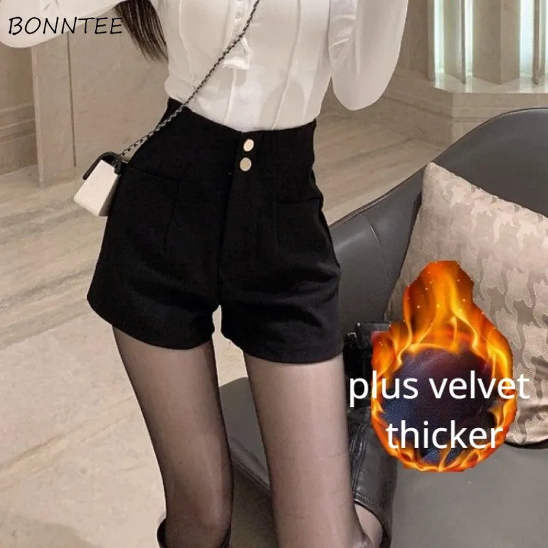 Plus Velvet Thick Shorts Womens Korean Style Full Match Sexy Kpop High Waist Autumn Club Streetwear Fashion Solid Button 241206