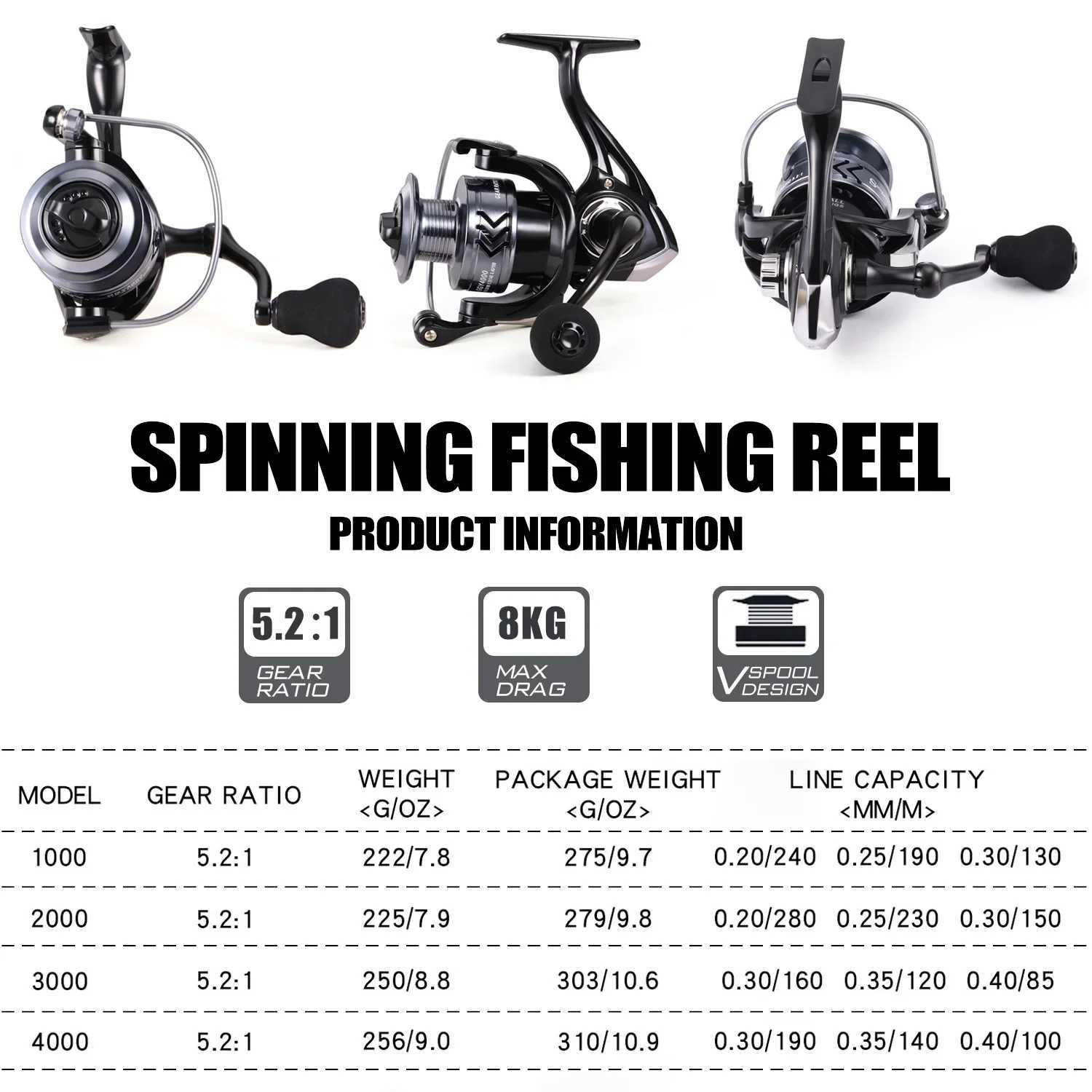 Sougayilang Spinning Fishing Reel 5.2 1 Gear Ratio Aluminum Spool with EVA Hand Max Drag 8kg for Carp Fishing Bass FishingXJ241209