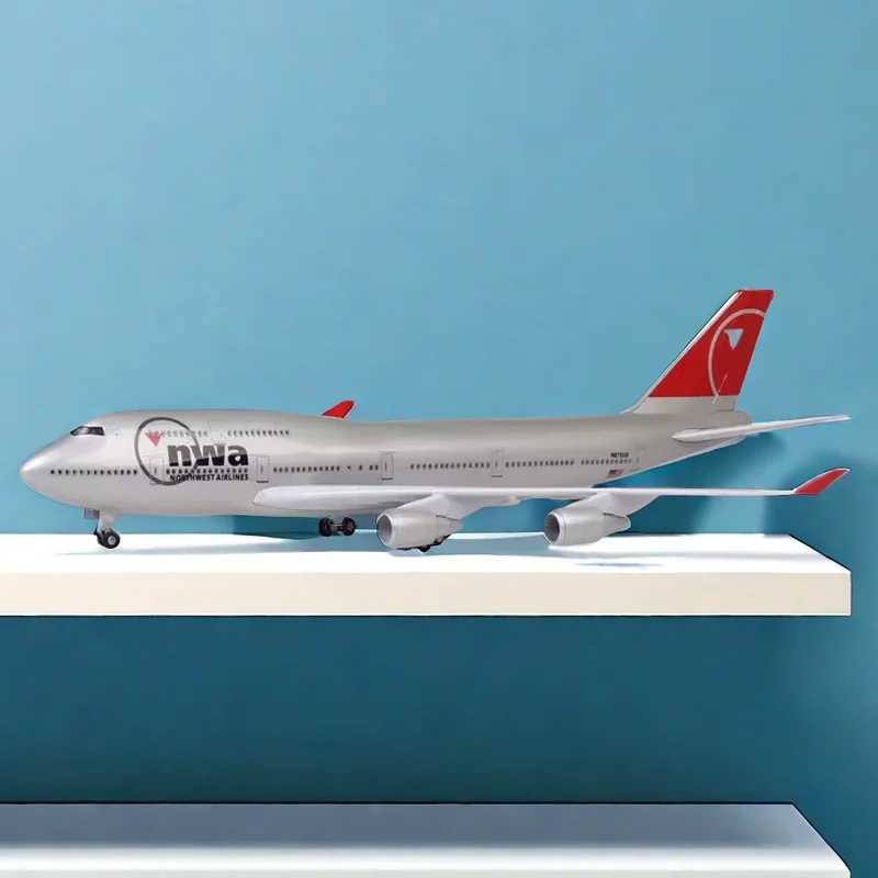 47CM 1 150 scale die-casting model Northwest Airlines Boeing 747 resin aircraft Airbus with lights and wheels toy collection display X241209