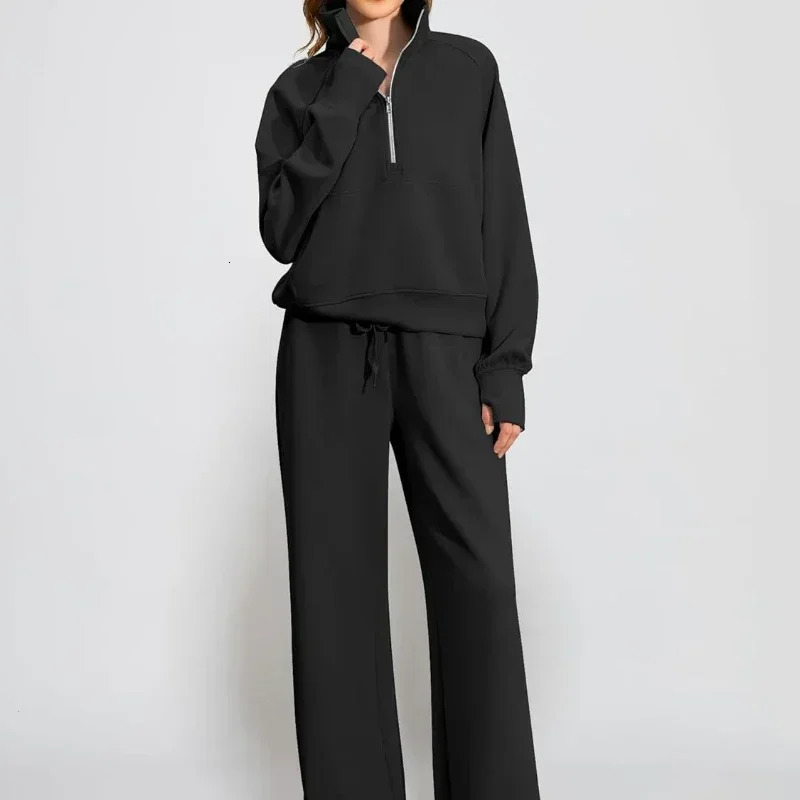 Womens 2-piece casual set oversized zipper sweatshirt wide leg sweatpants set sportswear 241205
