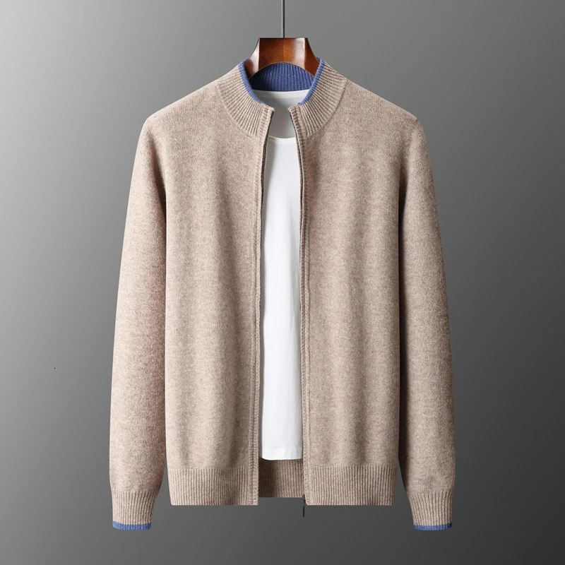 24 Autumn/Winter 100% Merino Wool Open Collar Wool Mens Half High Collar Color Padded Casual Cashmere Knitted Jacket 241205