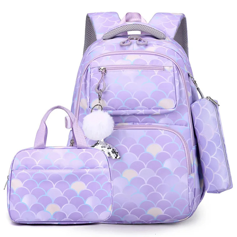3 pieces/set of fish scale printed rens backpack with mermaid pendant waterproof school bag for girls rens backpack 241206
