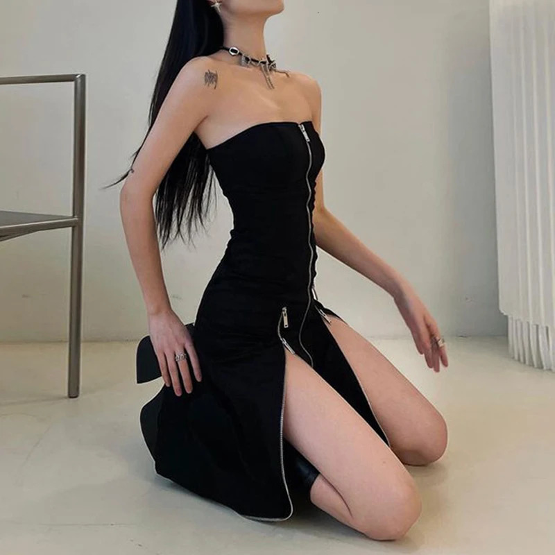 Goth Dark Techwear Fashion Zipper Midi Dress Cyber Y2k Shopping Center Gothic Split Womens Pipe Dress Party Clothing Punk Shoulder Set 241205
