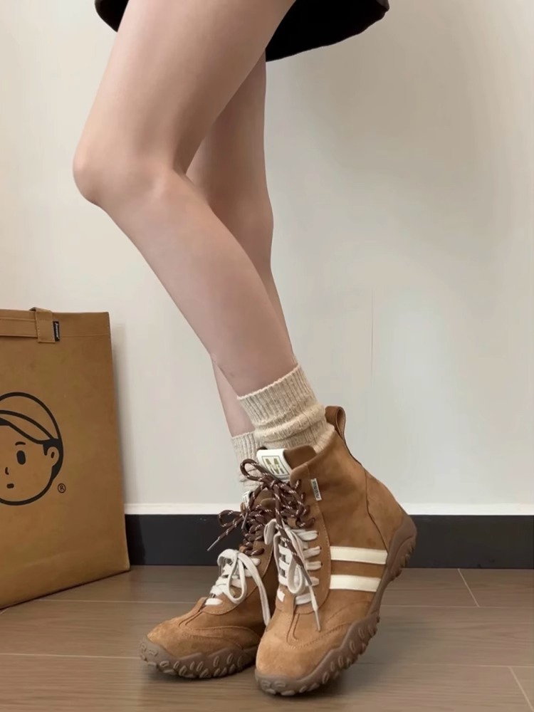 Women hot Boots:Fashion Design Cowhide Matte Leather Thick Sole High-top Training Plush Versatile Comfort,Brown/Grey,Free shipping