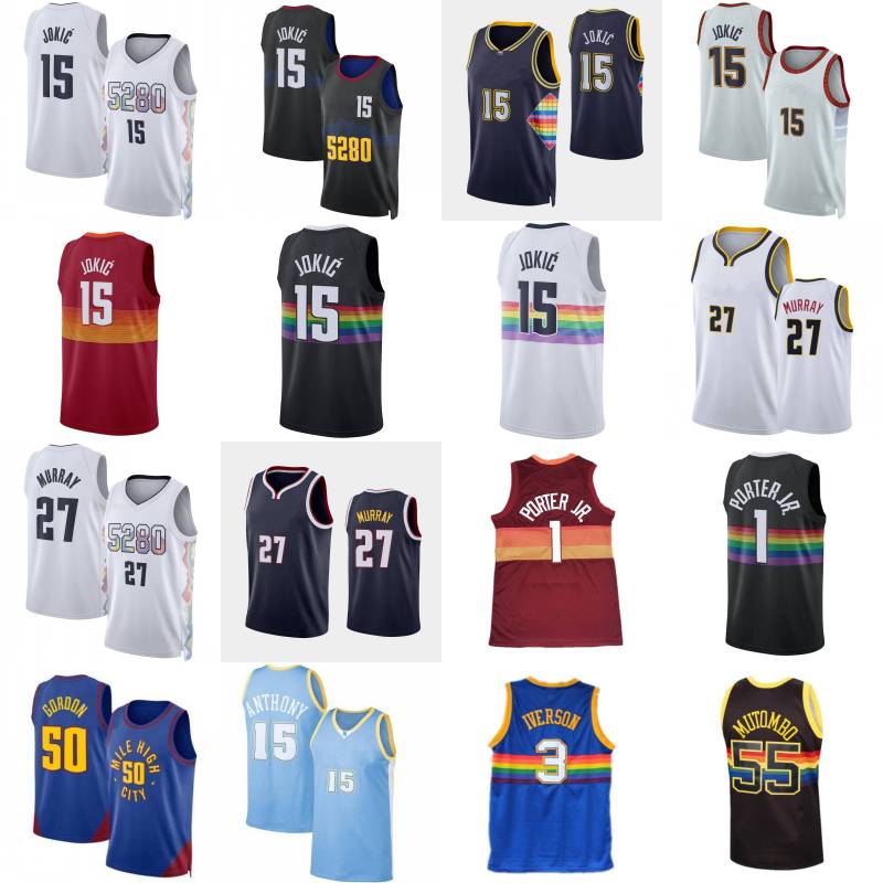 15 Nikola Jokic 27 Jamal Murray Basketball Jerseys 50 Aaron Gordon 1 Porter Jr. Mens Allen 3 Iverson Carmelo Anthony Dikembe 55 Mutombo Retro Shirt