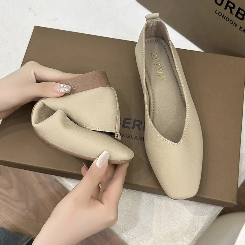 Meotina Women Genuine Leather Shoes Square Toe Flats Shollow Ladies Fashion Concise Career Shoes Spring Autumn Apricot 40 241209