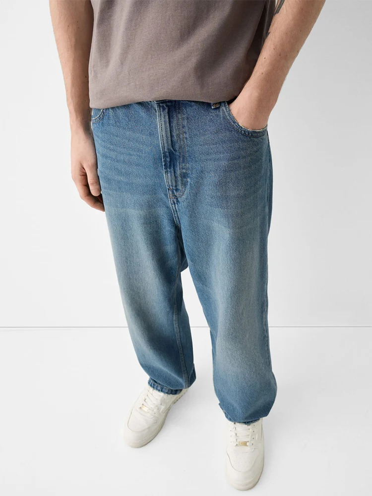 Straight jeans mens wide loose denim blue unisex streetwear casual pure pants hiphop bag 241206
