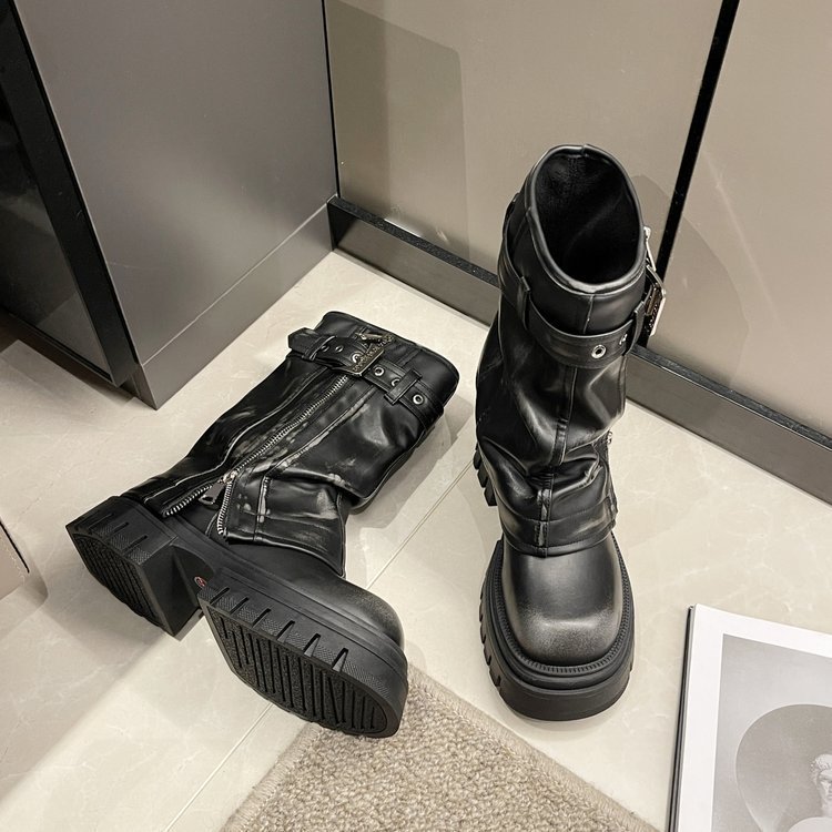 2025 New Autumn Winter Heel Platform Mid Calf Women Fashion Ladies Side Zippers Knight Boots Women's Thick Bottom Shoes