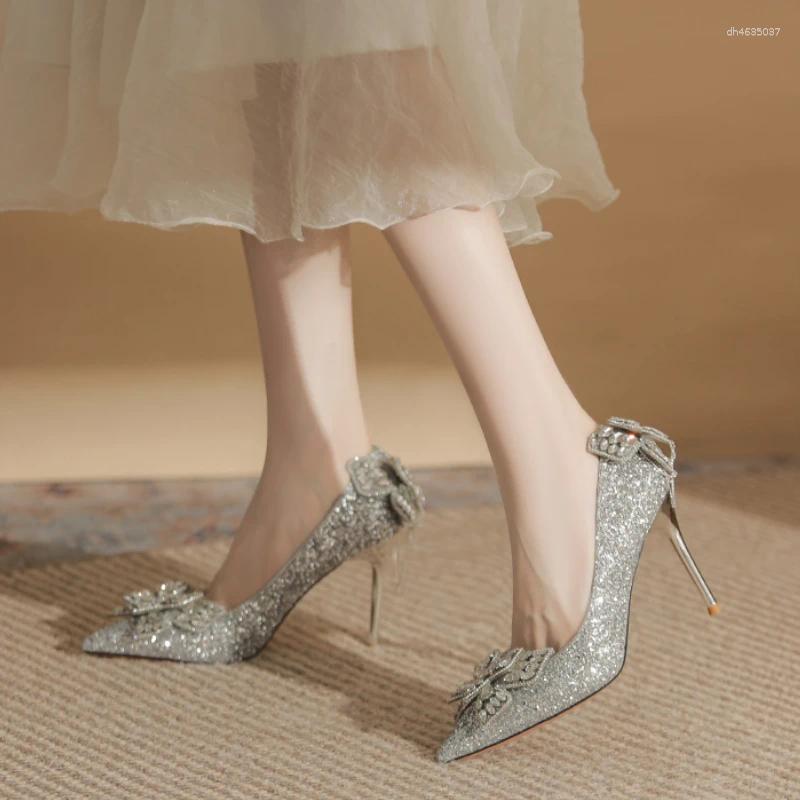 Dress Shoes Autumn Pointed Toe Pumps Sequined Rhie Butterfly Women Heels Sier High Party Wedding zhanyishengli