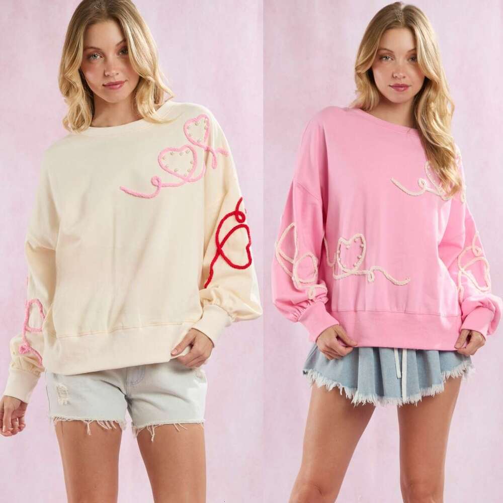 Autumn Winter European And American Clothing Valentine's Day Heart-Shaped Embroidery Pearl Decoration Top Sweet Hoodie Women's Fashion Quali