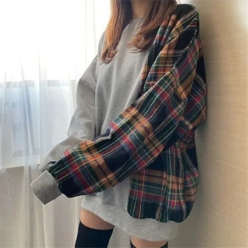 Women Clothing Plaid Patchwork Loose Hoodies Sweatshirts Spring Autumn Long Sleeve Contrast Street Casual Tops Fashion Trend 241209