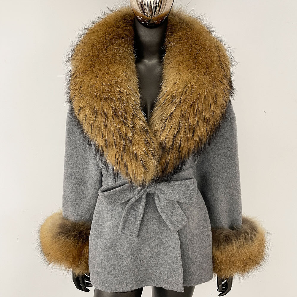 Belt Pocket Winter Jacket Natural Real Raccoon Fox Fur Blends Wool Coat Women Loose Casual Outerwear Streetwear