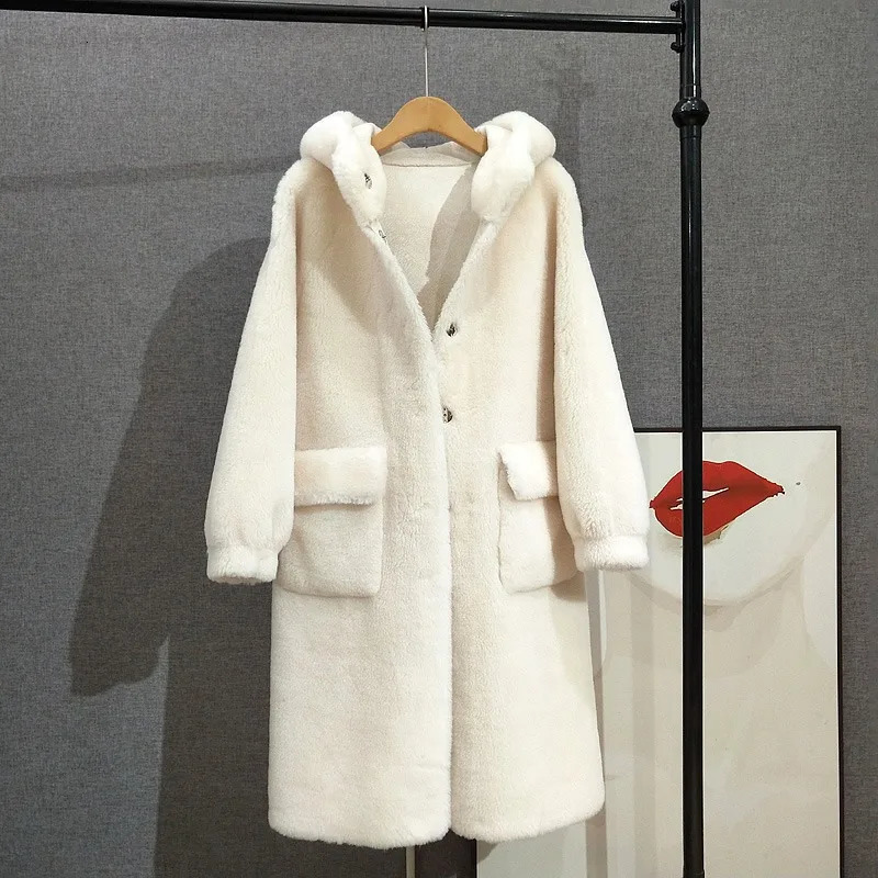 Womens long sleeved hooded wool jacket womens sheepskin wool long coat PT416 241202