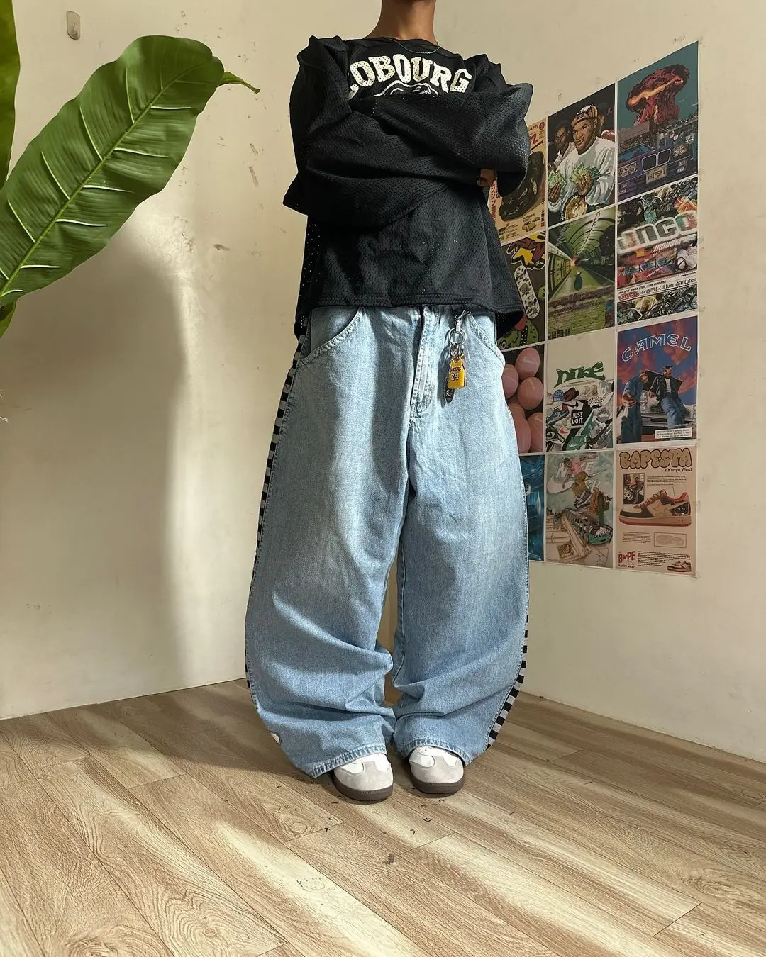 American Vintage Racing Check Flag Stripe Pattern Embroidered Jeans Mens Loose Straight Harajuku Y2K Style Skateboarding Pants 241206