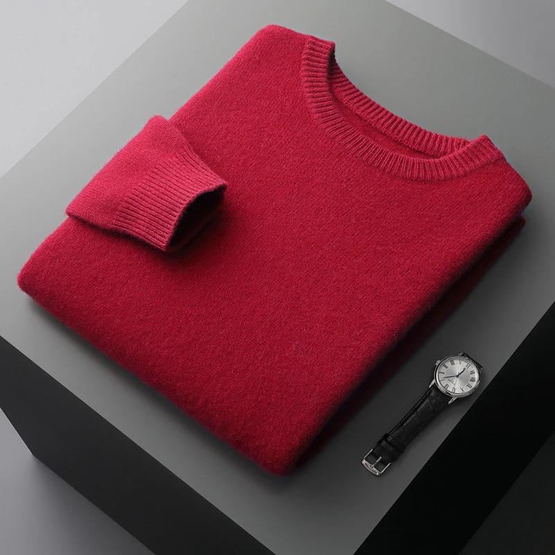 Mens wool sweater autumn and winter round neck loose solid color thick bottom sweater 241205