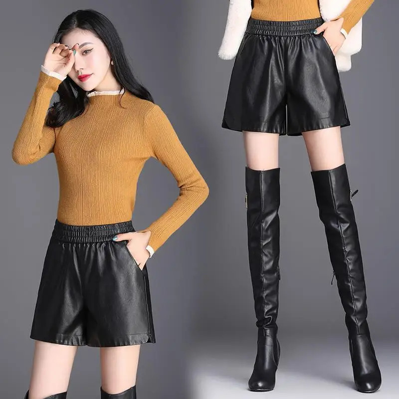 Spring and autumn elastic waist wide leg loose shorts solid full matching plus size casual shorts retro fashion womens clothing 241206