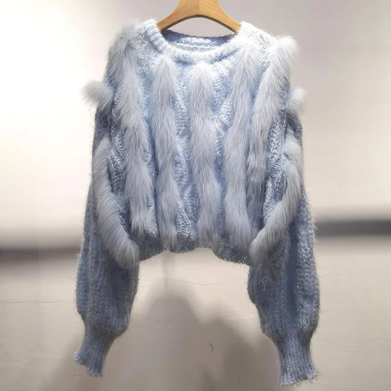 fox fur striped knitted short pull sweater long sleeved O-neck womens pull jumper womens fur decorative sweater 241202