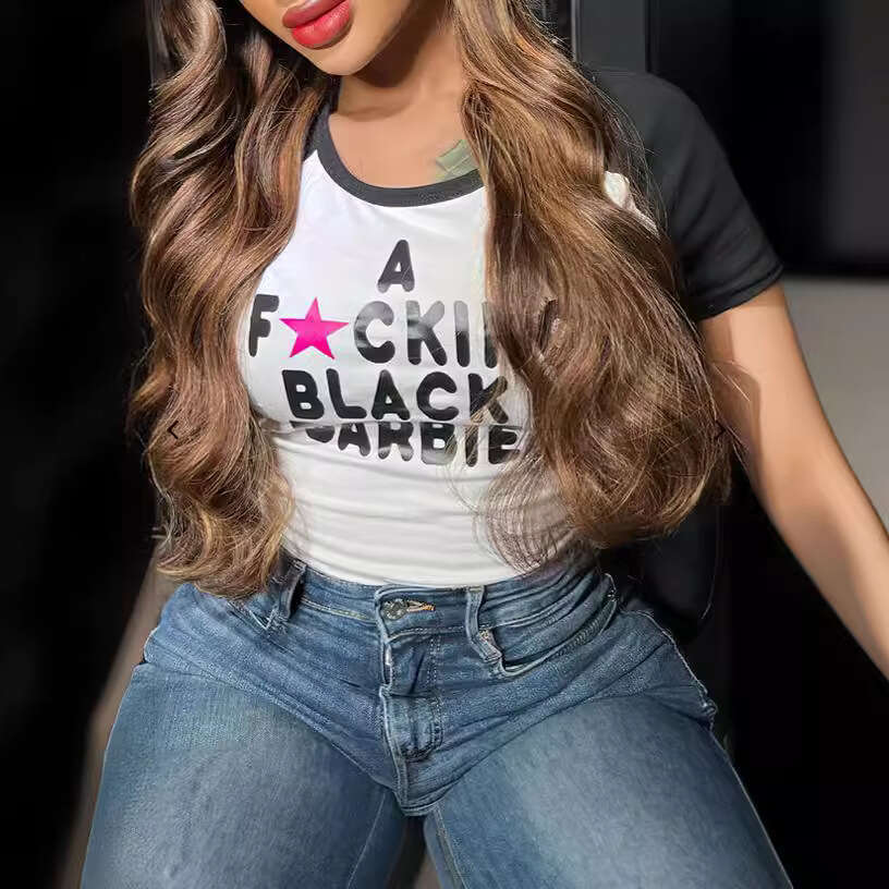 New European American spicy girl letter printed short women's street retro raglan sleeve T-shirt 2024 new style chic and elegant clothing