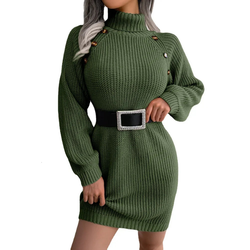 casual button high neck long sleeved wool dress for women mid waist solid color pencil skirt sweater autumn and winter 241206