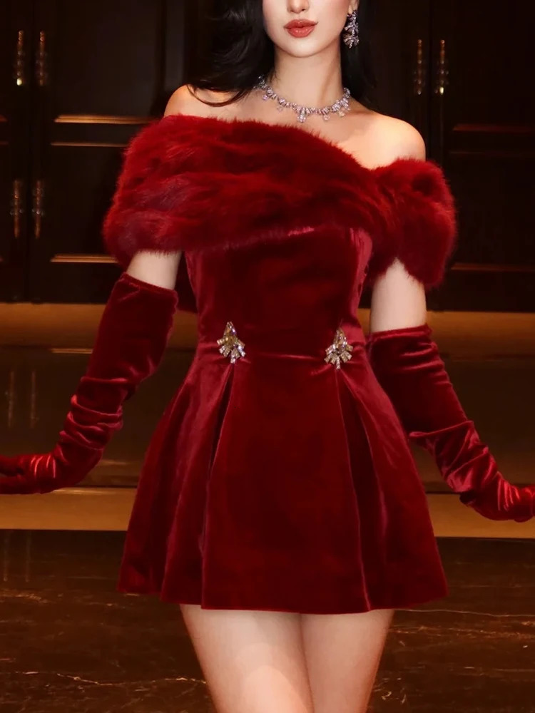 Galcaur Solid Splicing Fur Elegant Fashion Womens Slant Neck Shoulder High Waist Diamond Button Mini Dress Womens Style 241206