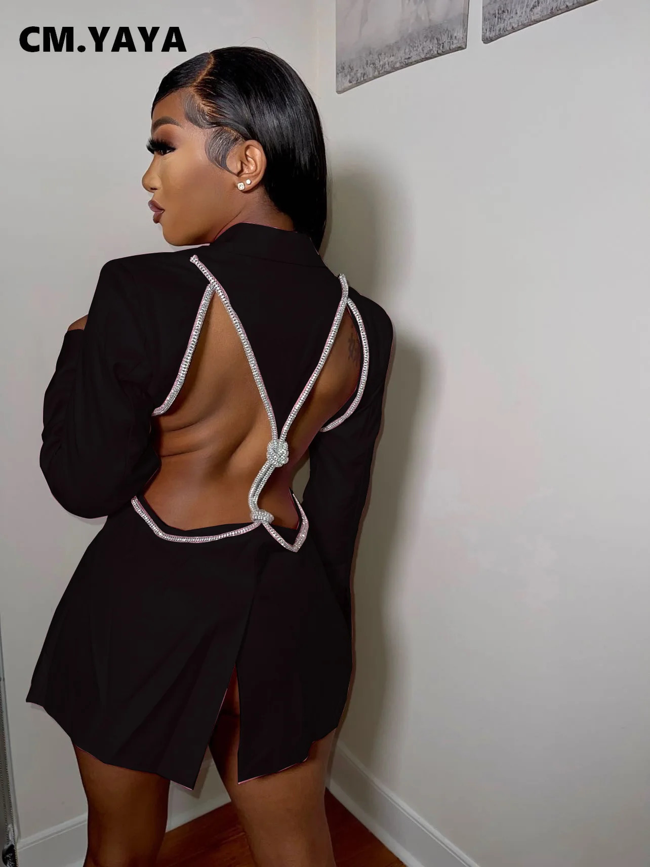 CM.YAYA Women Elegant Cutout Long Sleeve One Button Long Sleeve Notched Neck Blazer Street INS Splicing Blazers Outfits Tops 241209