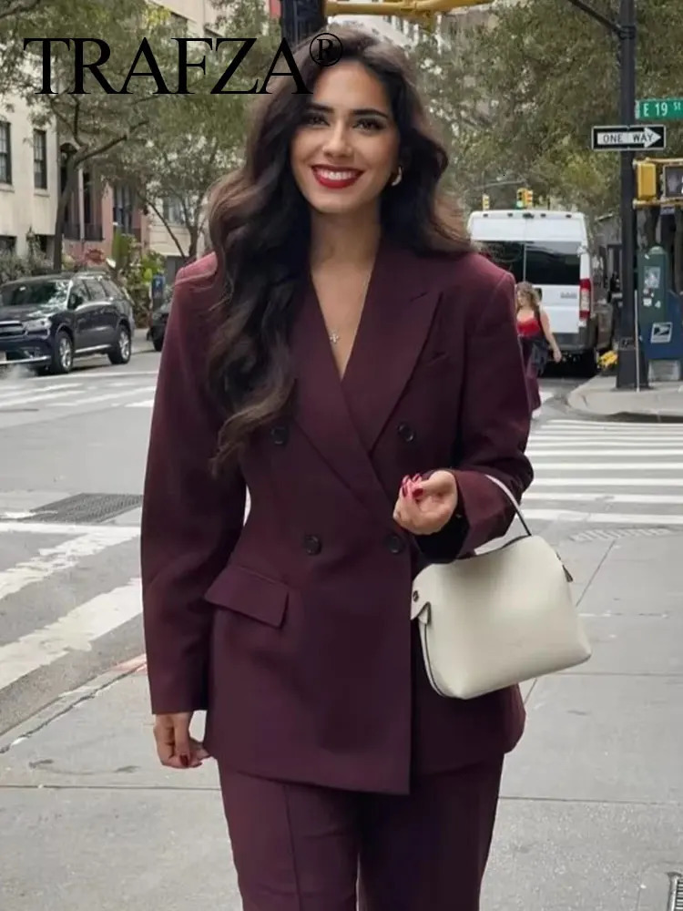 TRAFZA Vintage Woman Burgundy Red Blazer lapel Double Breasted Long Sleeve Suit Coat Womens 2024 Autumn Office Lady Outwear 241209