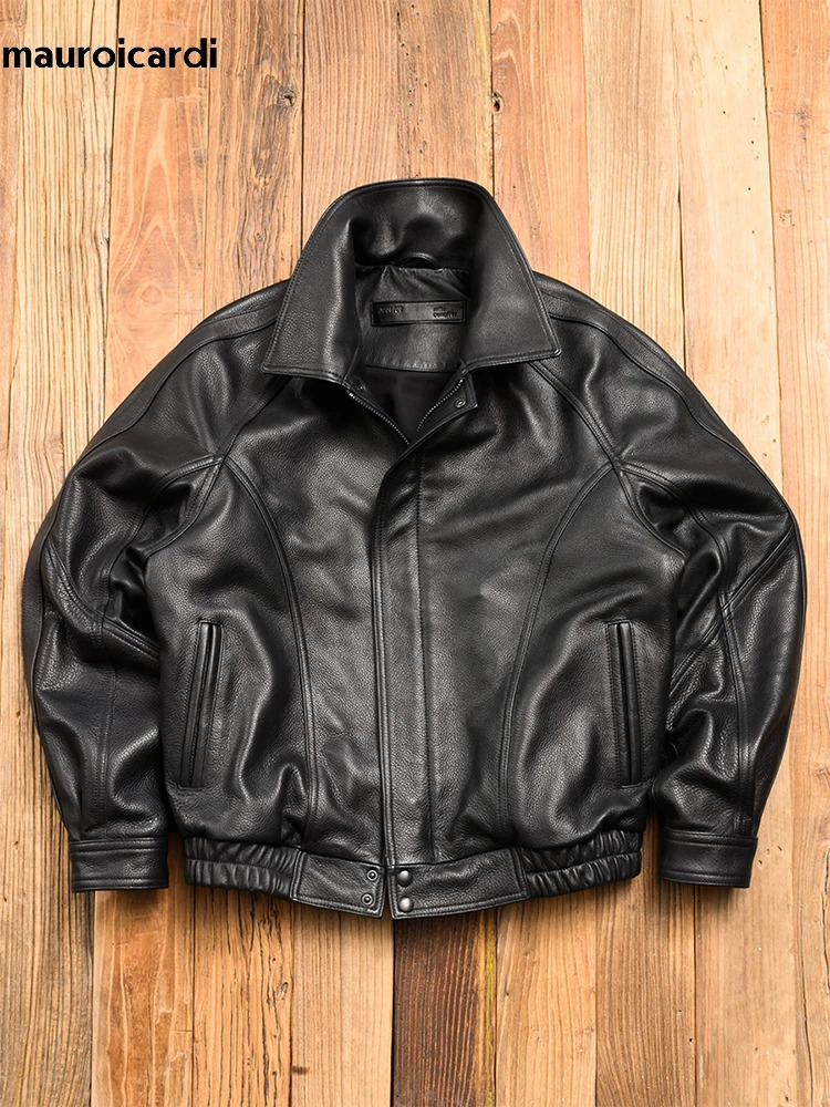 Mauroicardi Spring Autumn Cool Black Hard Pu Leather Jacket Mens Zipper American Retro Clothing 241209