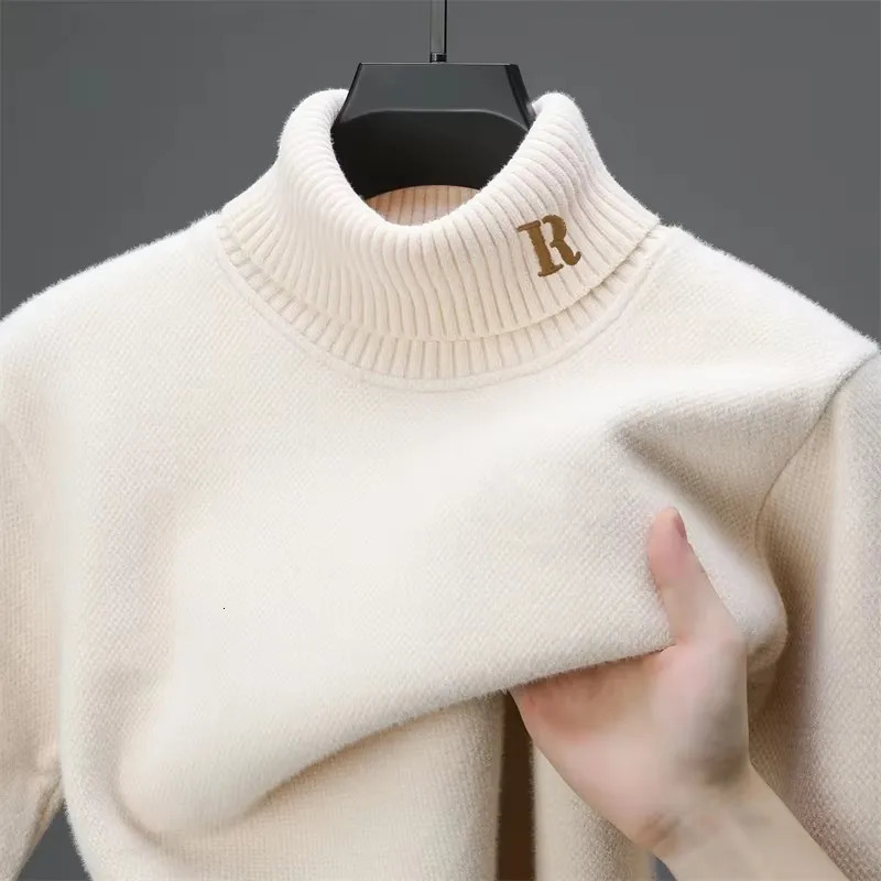 High end mens knitted sweater winter item exquisite letter embroidery plush thick Korean style high neck pull-out 241205