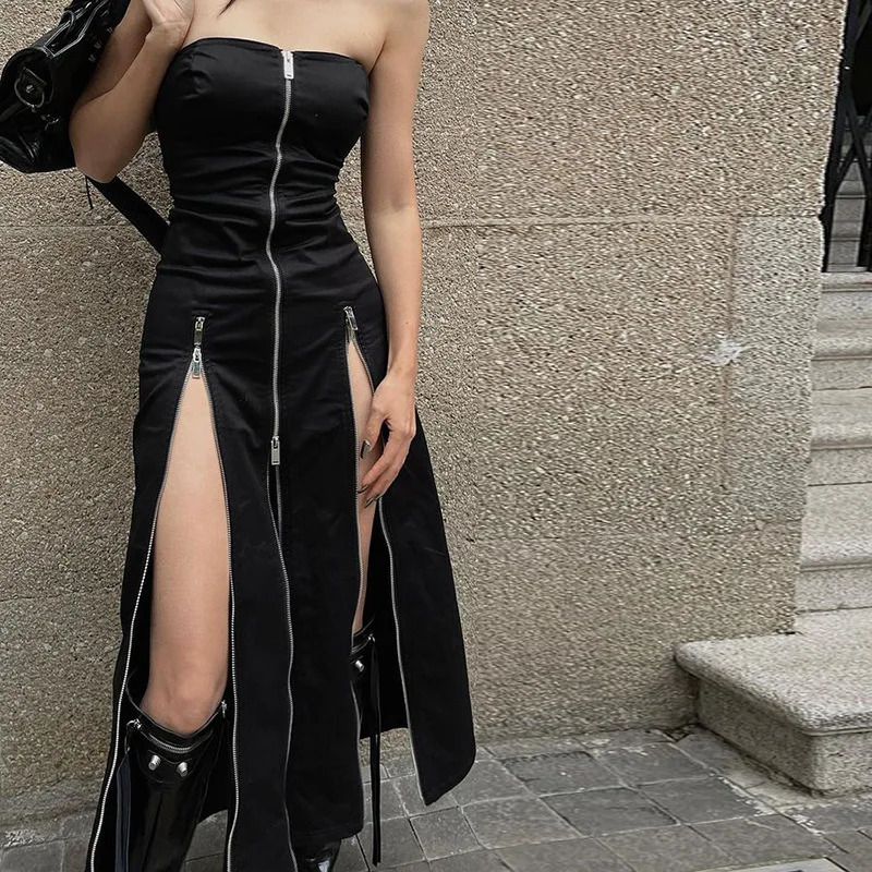 Goth Dark Techwear Fashion Zipper Midi Dress Cyber Y2k Shopping Center Gothic Split Womens Pipe Dress Party Clothing Punk Shoulder Set 241205