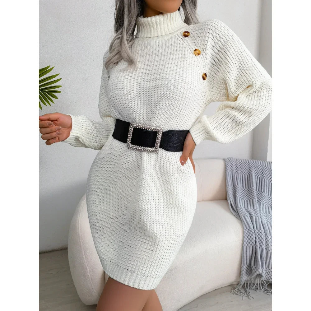 casual button high neck long sleeved wool dress for women mid waist solid color pencil skirt sweater autumn and winter 241206