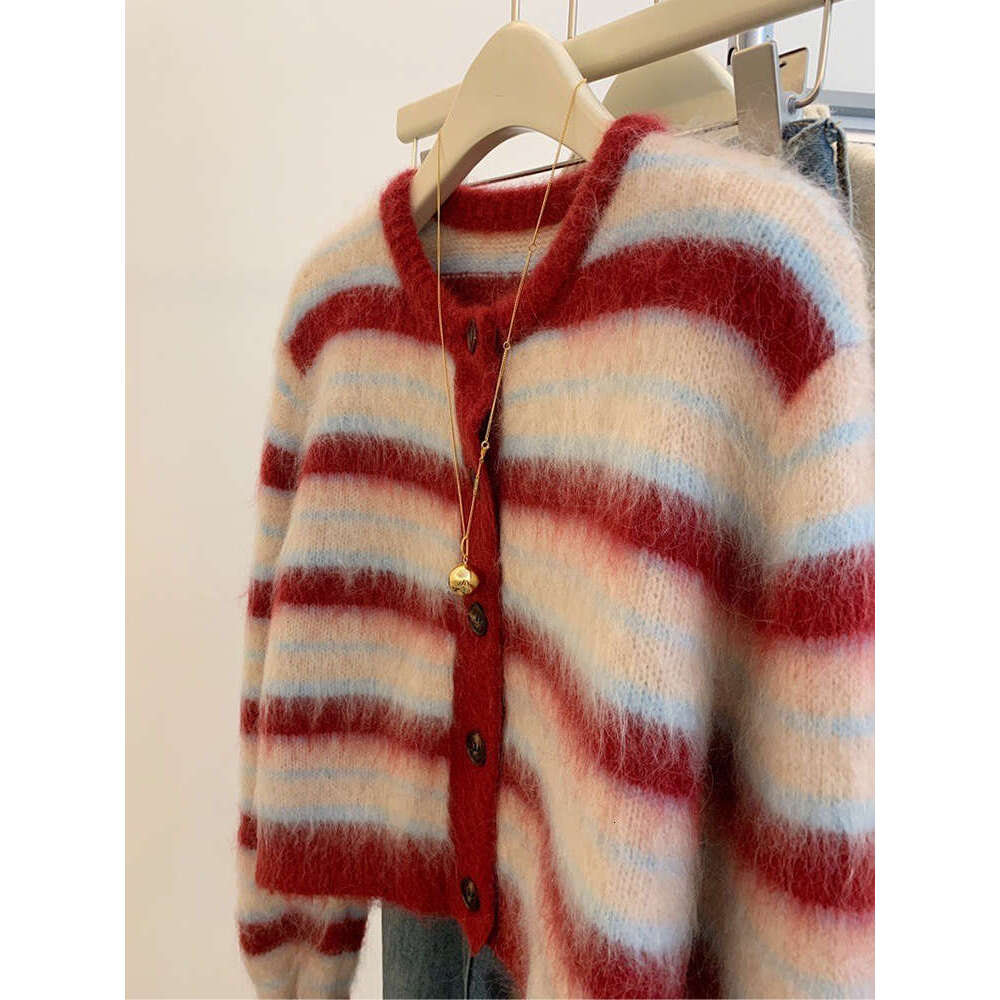 Autumn Winter New Sweet Red Striped Mohair Knitting Cardigan For Women Fashion Round Collar Single Breasted Sweater Coats