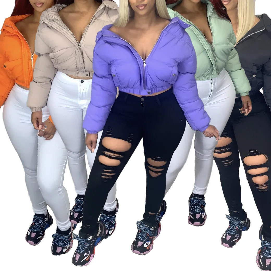 Autumn womens short inflatable jacket cotton pad thick drawstring park zipper winter bubble warm casual street set 241209