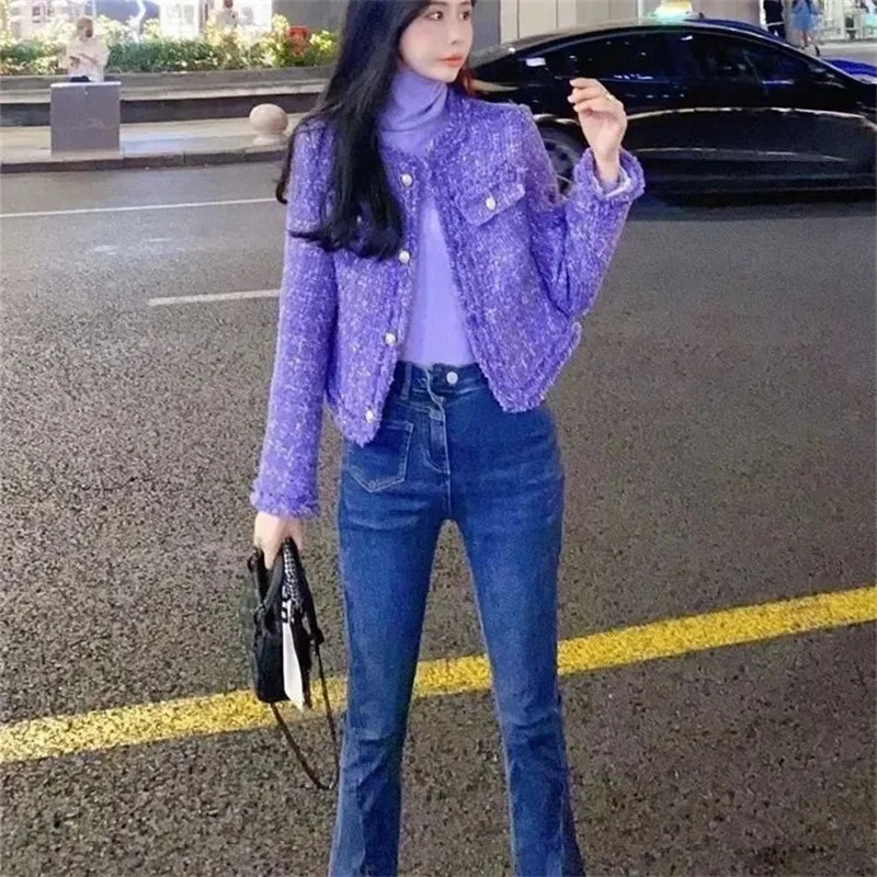 Small perfume tweed jacket Womens spring and autumn elegant cut O collar coat Purple casual tweed wool coat Womens top 241206