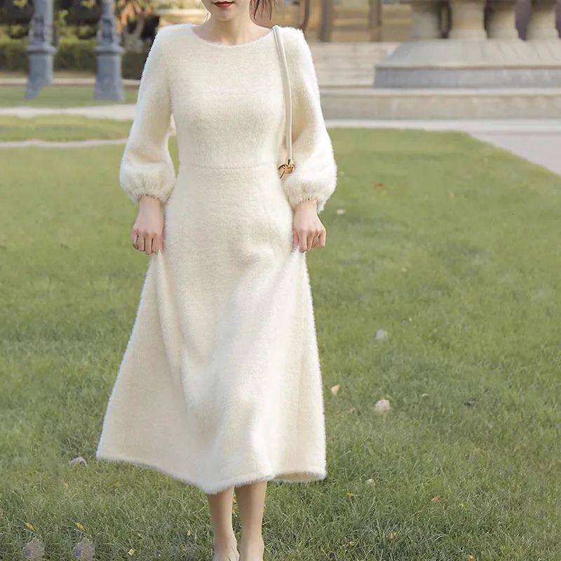 Womens winter clothing mink fur dress thick O-neck sweater A-line floral dress womens casual dress 241206