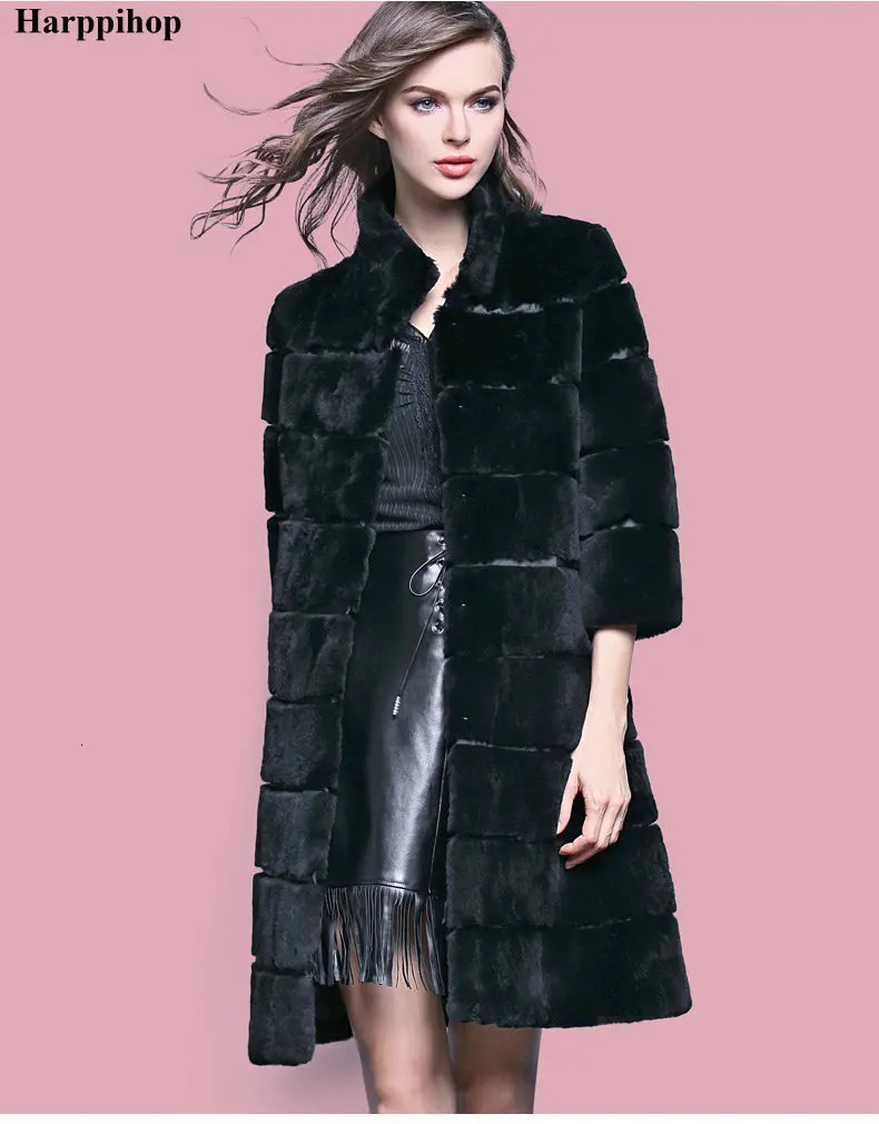 Plus Size Natural Rex Rabbit Hair Fur Coat Colors Womens Long n Winter Warm Outwear Female Overcoat 241202