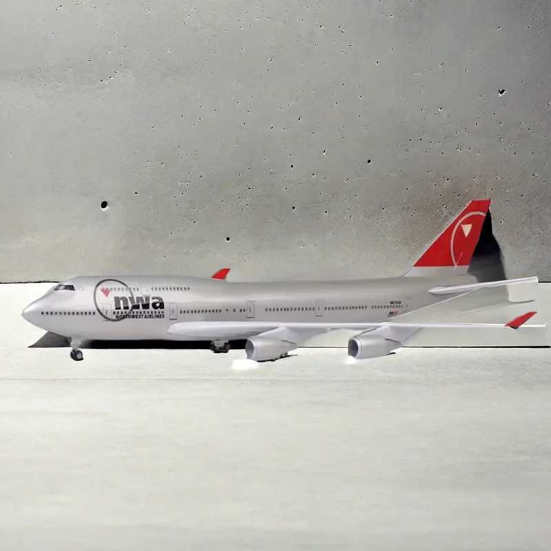 47CM 1 150 scale die-casting model Northwest Airlines Boeing 747 resin aircraft Airbus with lights and wheels toy collection display X241209