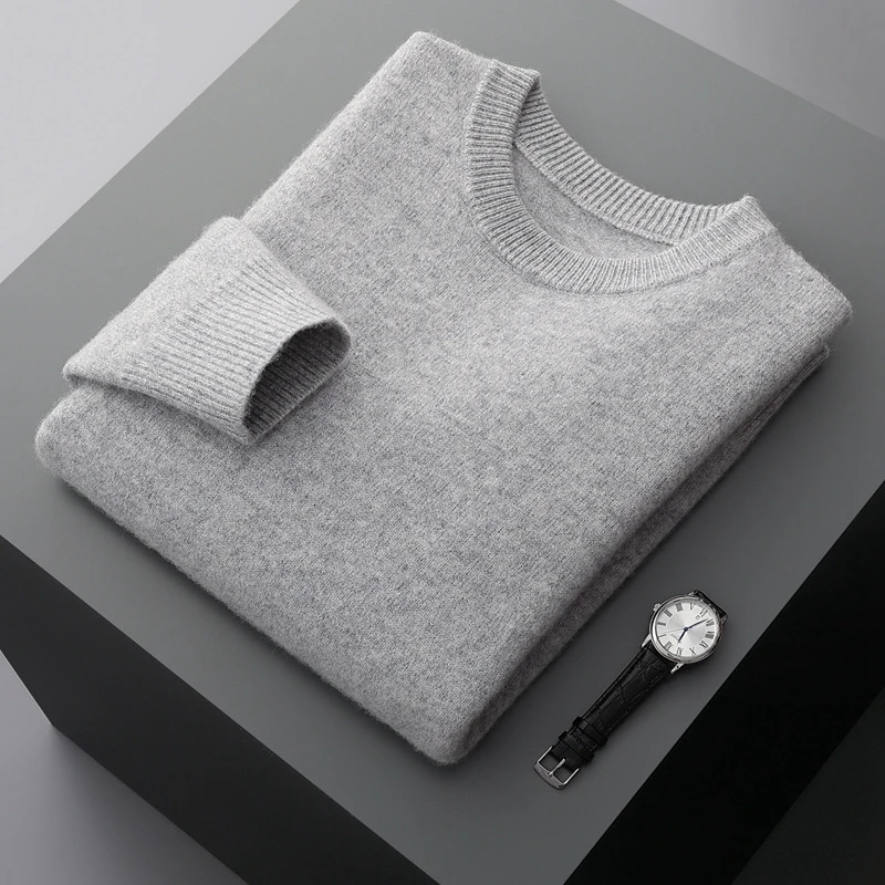 Mens wool sweater autumn and winter round neck loose solid color thick bottom sweater 241205
