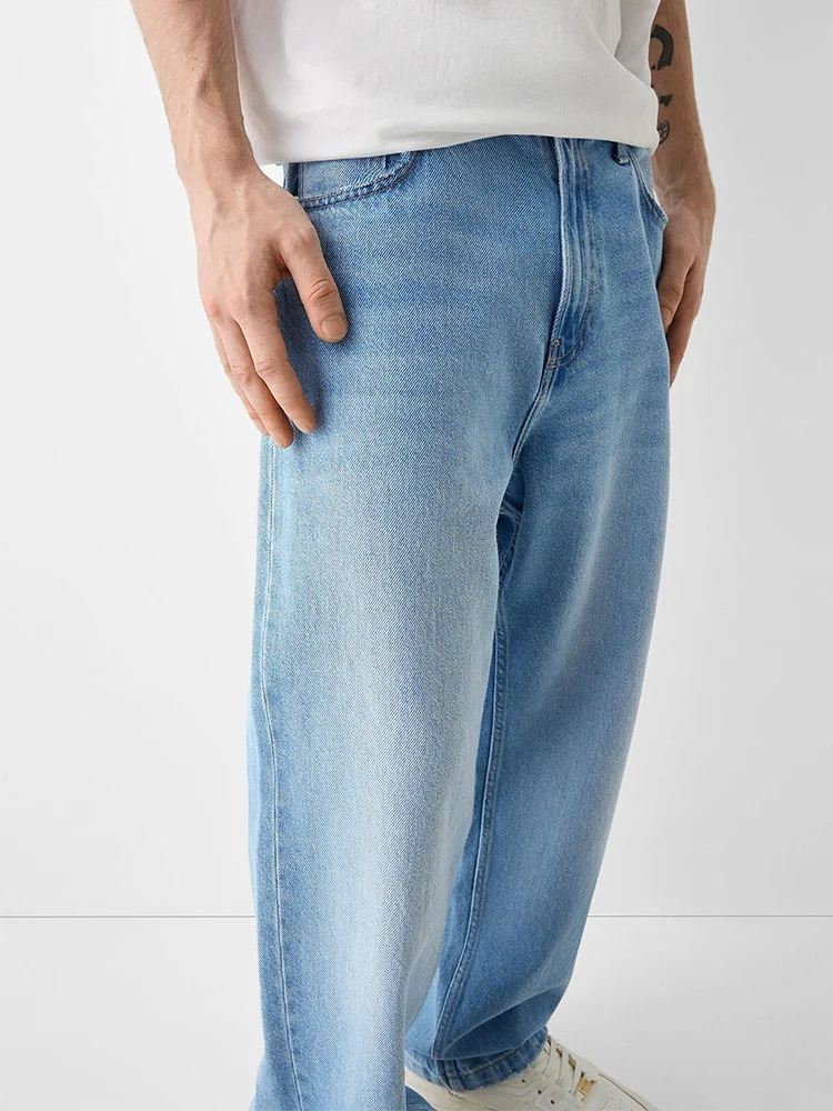 Straight jeans mens wide loose denim blue unisex streetwear casual pure pants hiphop bag 241206