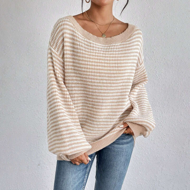 Temperament One Word Neck Spring and Autumn Sweater Stripe Contrast Set Knitted Top for Women